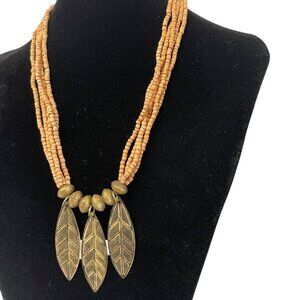 Handmade Multistrand Beaded Necklace 20" Bronze Leaf Pendants Gold Accents